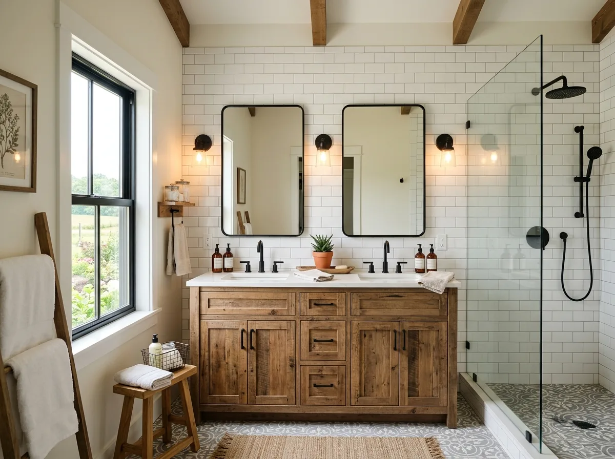 Modern farmhouse bathroom with black fixtures